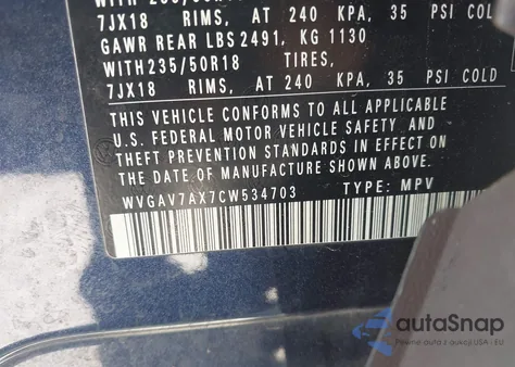 2012 Volkswagen Tiguan Se z USA, uszkodzony, nr VIN WVGAV7AX7CW534703